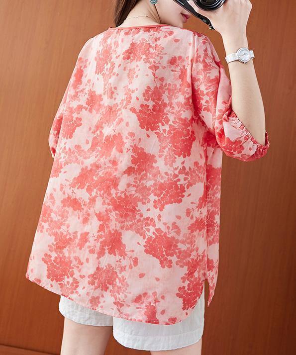 Women o neck lantern sleeve summer Tops red print shirts - SooLinen