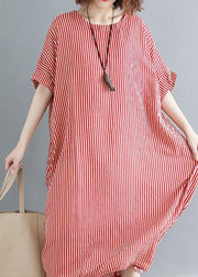 Women o neck linen Robes Omychic Catwalk red striped daily Dress summer