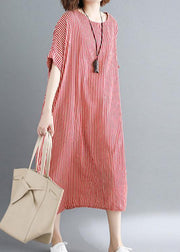 Women o neck linen Robes Omychic Catwalk red striped daily Dress summer