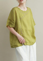 Women o neck linen cotton summer top green embroidery short blouse - SooLinen