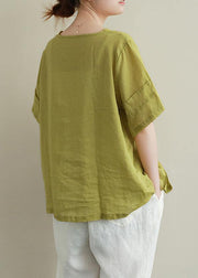 Women o neck linen cotton summer top green embroidery short blouse - SooLinen