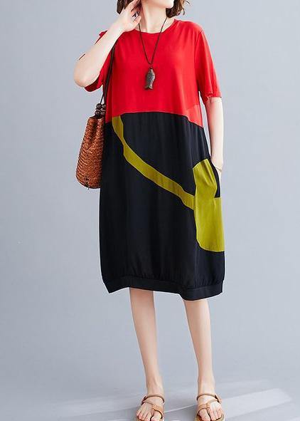 Women o neck patchwork Cotton dress red Dresses - SooLinen