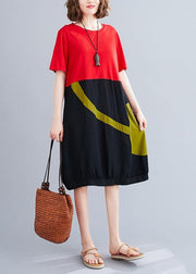 Women o neck patchwork Cotton dress red Dresses - SooLinen