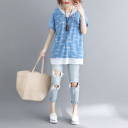 Women o neck patchwork cotton clothes Casual Outfits blue print shirt