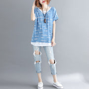 Women o neck patchwork cotton clothes Casual Outfits blue print shirt