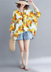 Women o neck patchwork cotton shirts yellow print top - SooLinen