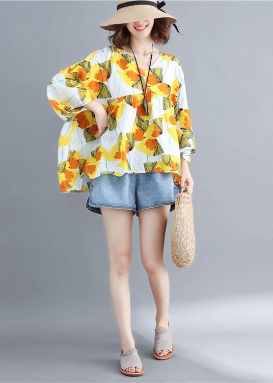 Women o neck patchwork cotton shirts yellow print top - SooLinen