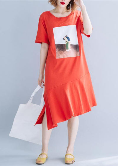 Women o neck patchwork cotton tunics for women red long Dresses summer - SooLinen