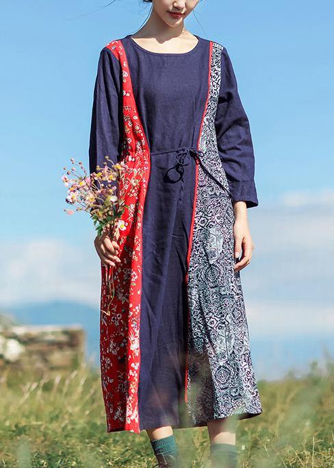 Women o neck patchwork linen cotton Robes Sewing dark blue Dress summer - SooLinen