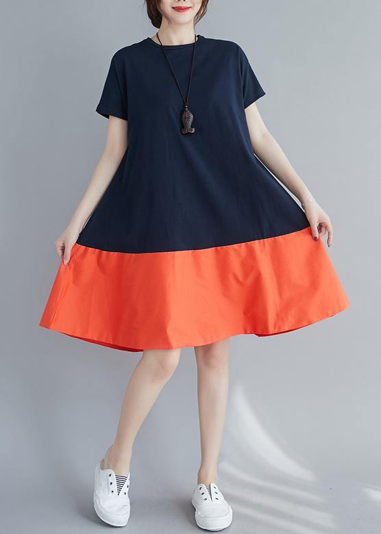 Women o neck patchwork summer quilting dresses Shape orange Dress - SooLinen