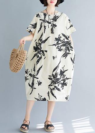 Women o neck pockets Cotton summer dresses pattern beige print Dress - SooLinen