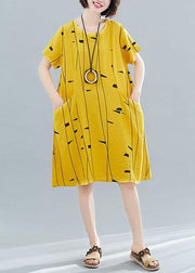 Women o neck pockets Cotton tunic dress Fabrics yellow print Dresses summer - SooLinen