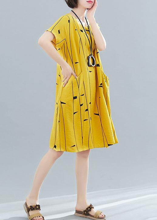 Women o neck pockets Cotton tunic dress Fabrics yellow print Dresses summer - SooLinen