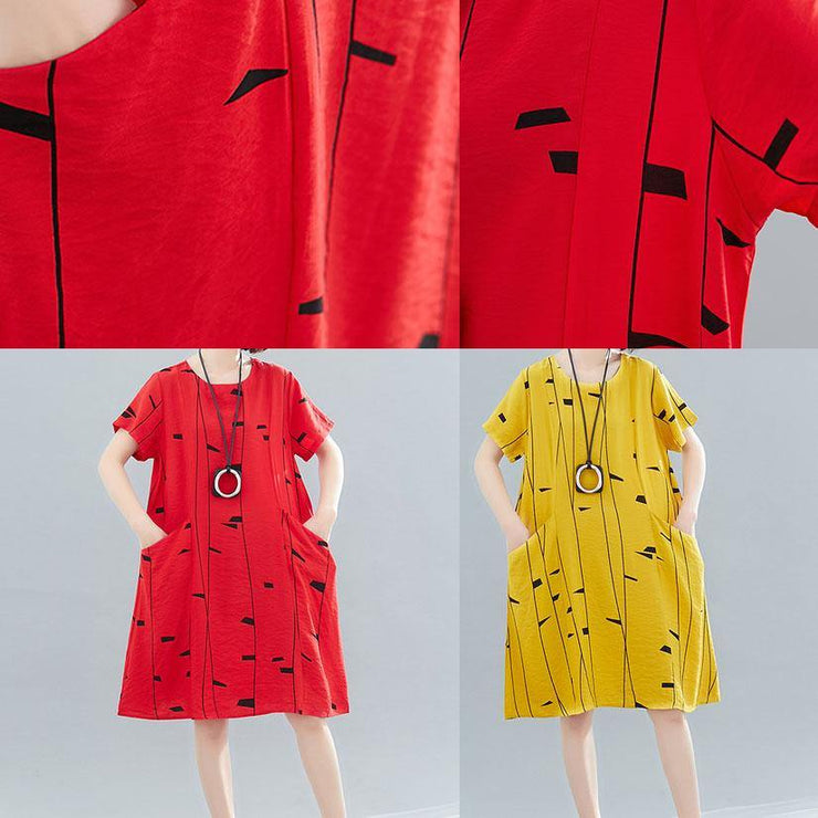 Women o neck pockets Cotton tunic dress Fabrics yellow print Dresses summer - SooLinen