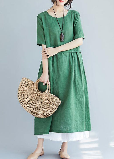 Women o neck pockets cotton linen quilting dresses Photography green Dress summer - SooLinen