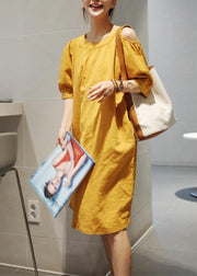 Women o neck pockets cotton linen summer dress Inspiration yellow Dresses - SooLinen