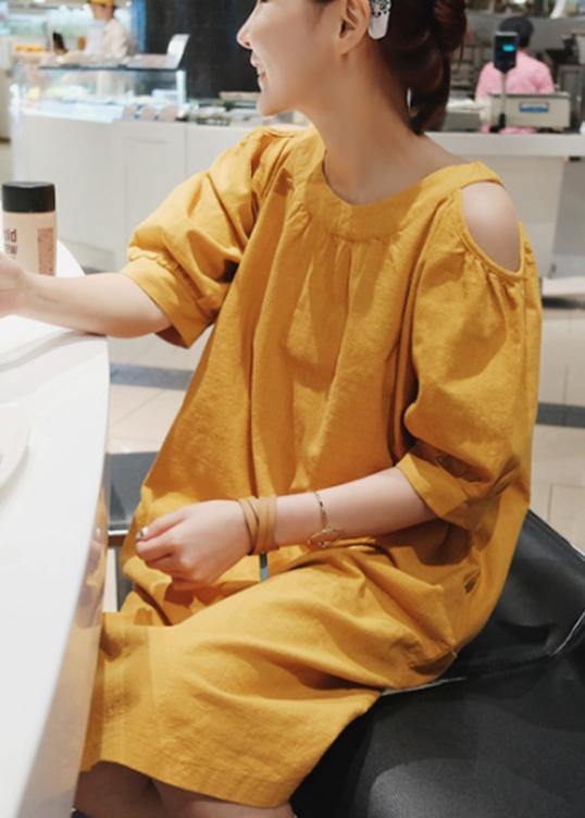 Women o neck pockets cotton linen summer dress Inspiration yellow Dresses - SooLinen