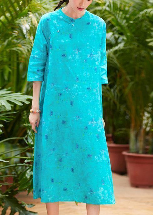 Women o neck pockets linen Robes Fashion Ideas blue print Dresses summer - SooLinen