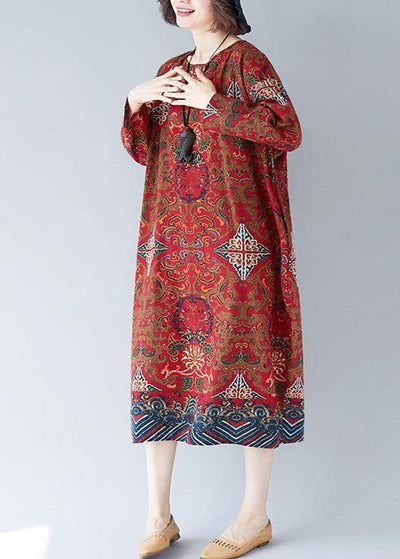 Women o neck pockets linen Robes Inspiration red print Dress - SooLinen