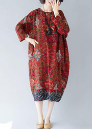 Women o neck pockets linen Robes Inspiration red print Dress - SooLinen