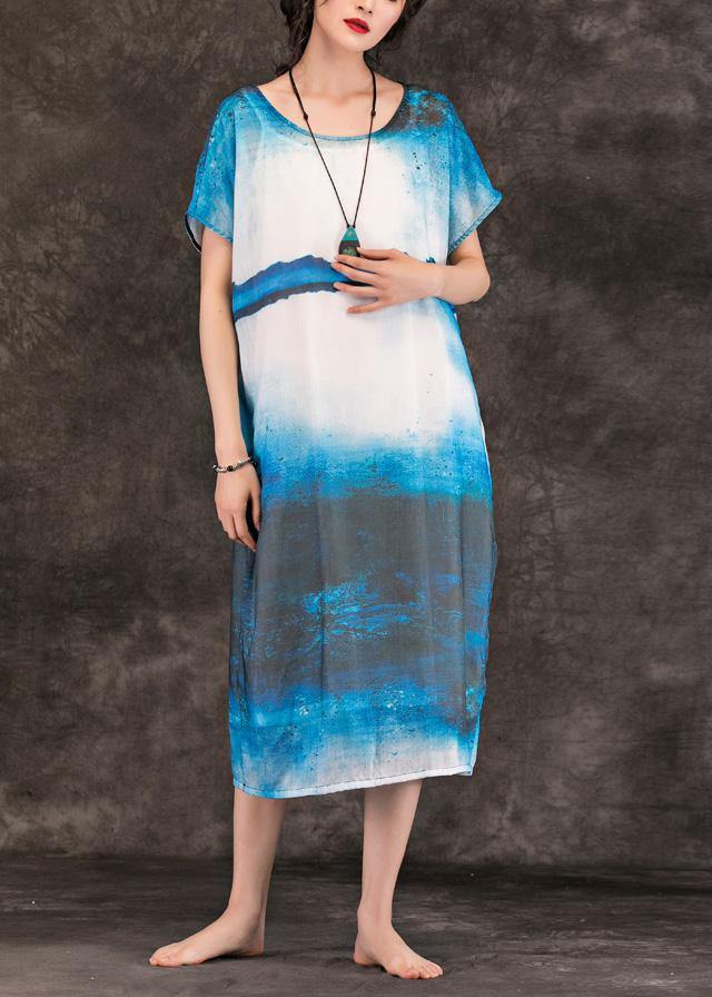 Women o neck pockets linen clothes For Women Online Shopping blue print Dresses summer - SooLinen