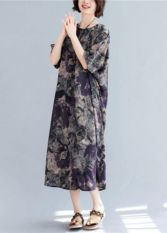 Women o neck pockets linen cotton summer Wardrobes Sleeve floral Dress - SooLinen