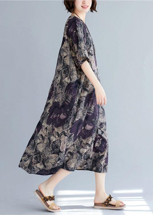 Women o neck pockets linen cotton summer Wardrobes Sleeve floral Dress - SooLinen