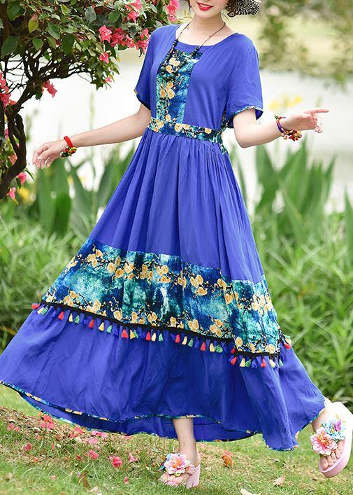 Women o neck tassel cotton Long Shirts design blue print cotton robes Dresses summer - SooLinen