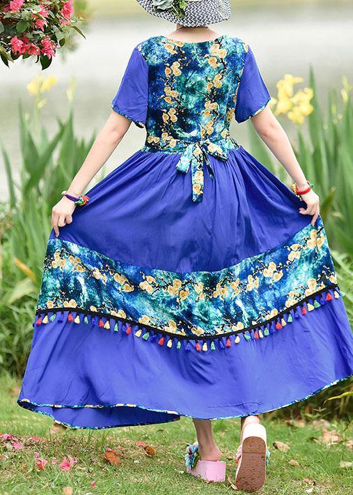 Women o neck tassel cotton Long Shirts design blue print cotton robes Dresses summer - SooLinen