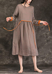 Women o neck tie waist Cinched linen Wardrobes brown Dress spring - SooLinen