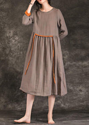 Women o neck tie waist Cinched linen Wardrobes brown Dress spring - SooLinen