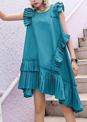 Women o neck Cinched Cotton Wardrobes blue green Dresses - SooLinen