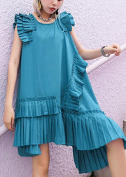 Women o neck Cinched Cotton Wardrobes blue green Dresses - SooLinen