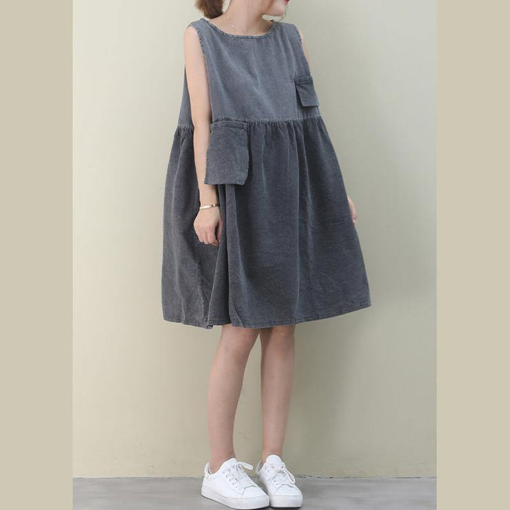 Women o neck Cinched Cotton dresses Fabrics denim gray Dresses - SooLinen