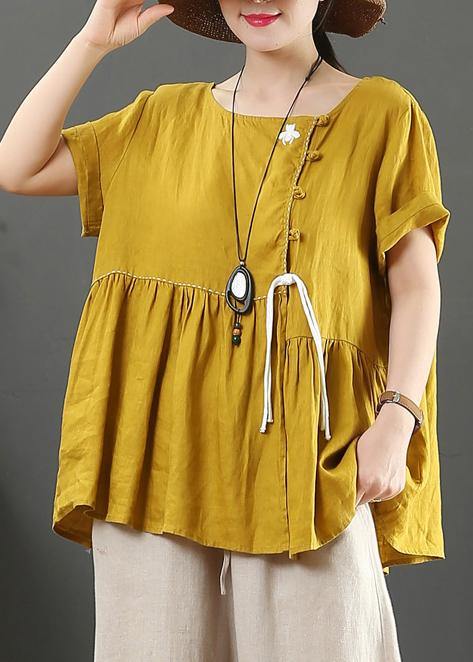 Women o neck Cinched linen clothes design yellow shirts - SooLinen