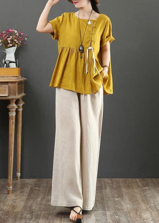 Women o neck Cinched linen clothes design yellow shirts - SooLinen