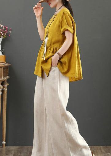 Women o neck Cinched linen clothes design yellow shirts - SooLinen