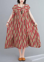 Women o neck Cinched summerTunics Fabrics red print long Dress - SooLinen