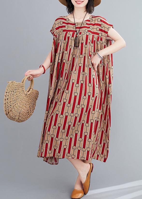 Women o neck Cinched summerTunics Fabrics red print long Dress - SooLinen