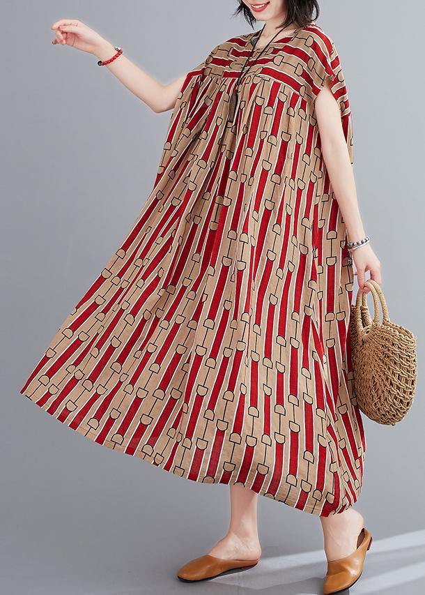 Women o neck Cinched summerTunics Fabrics red print long Dress - SooLinen