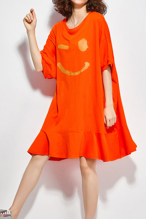 Women orange Cotton dresses Fitted Sewing o neck half sleeve Knee summer Dress