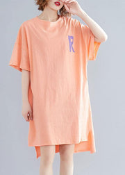 Women orange print linen Wardrobes o neck side open cotton summer Dress - SooLinen