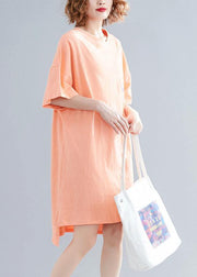 Women orange print linen Wardrobes o neck side open cotton summer Dress - SooLinen