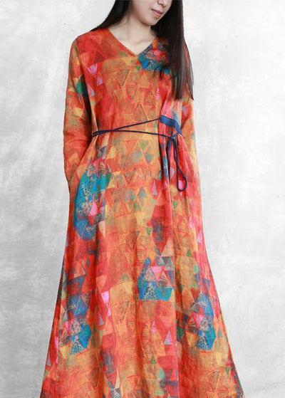 Women orange print linen clothes v neck tunic long summer Dresses - SooLinen