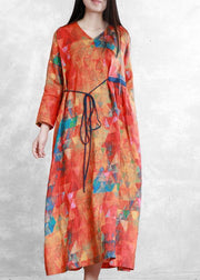 Women orange print linen clothes v neck tunic long summer Dresses - SooLinen