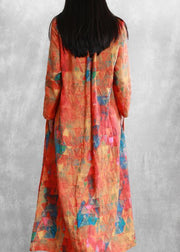 Women orange print linen clothes v neck tunic long summer Dresses - SooLinen