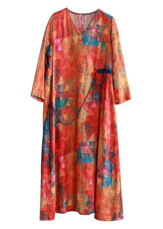 Women orange print linen clothes v neck tunic long summer Dresses - SooLinen