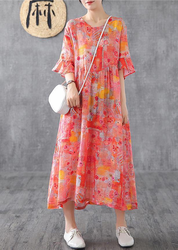 Women orange print linen dress o neck Petal Sleeve Robe summer Dress - SooLinen