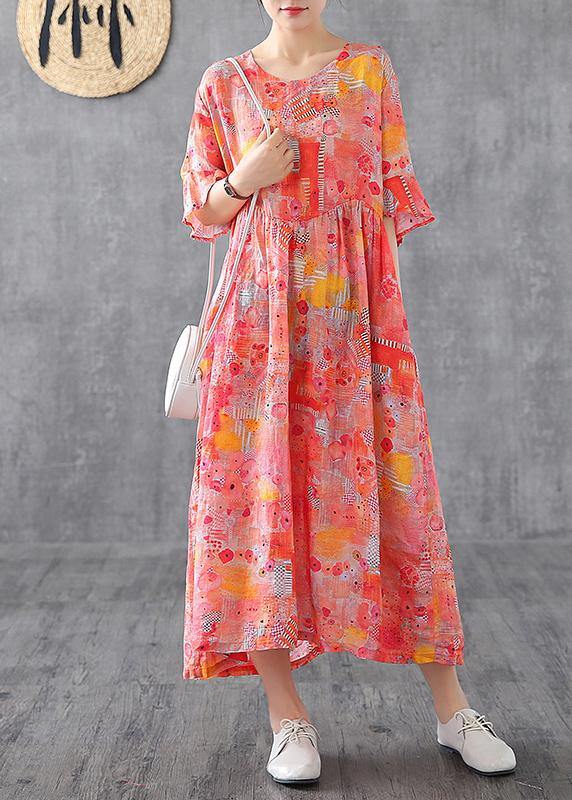 Women orange print linen dress o neck Petal Sleeve Robe summer Dress - SooLinen