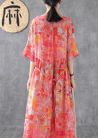 Women orange print linen dress o neck Petal Sleeve Robe summer Dress - SooLinen